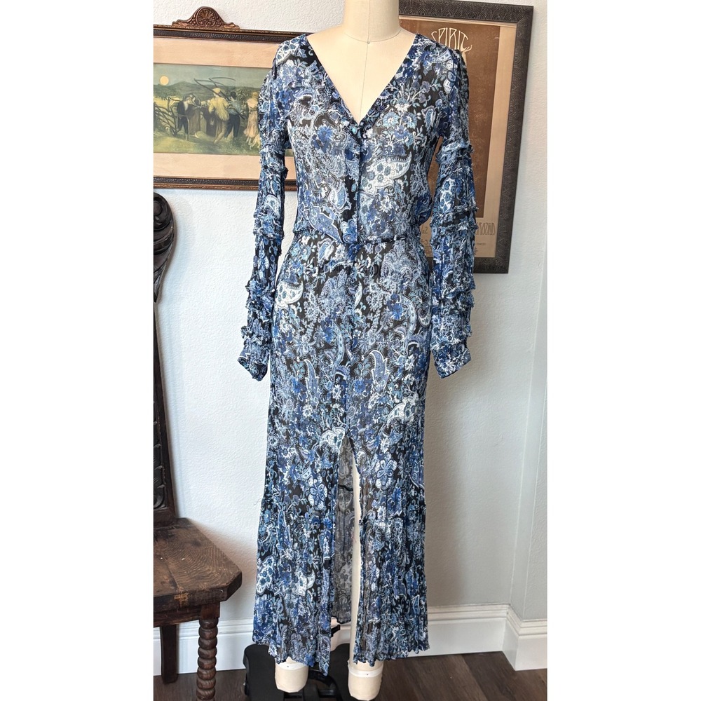 The Kooples Silk Maxi Dress Blue Paisley Floral Ruffle Sleeve V-Neck Button Up